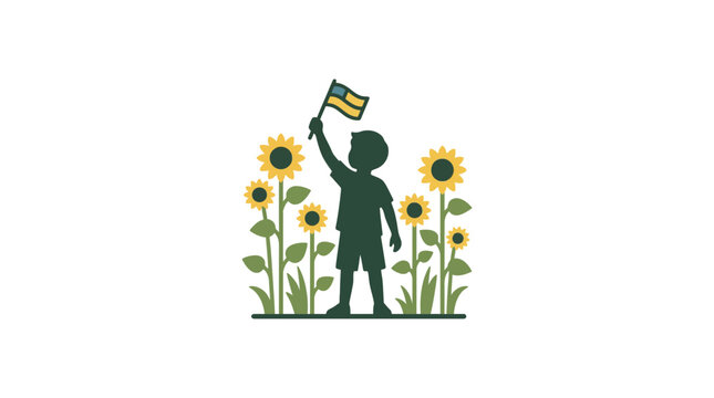 Silhouette of a young child holding a small flag standing among sunflowers.