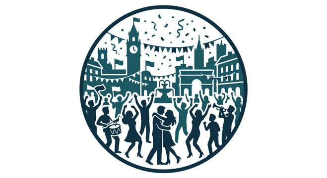 A crowd of people celebrating and dancing together in a festive city square.