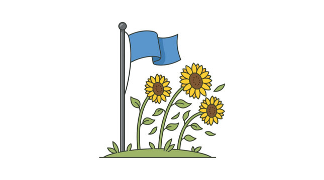A stylized illustration featuring three blooming sunflowers next to a flagpole with a blue flag.
