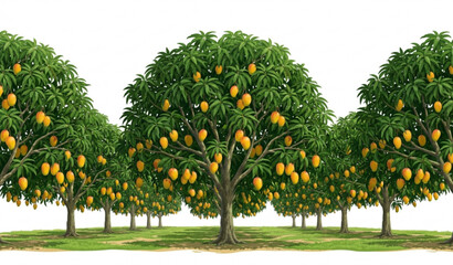 Wide tropical mango farm vector illustration with lush trees and ripe fruits