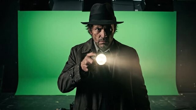 Man in hat holding flashlight in front of green screen