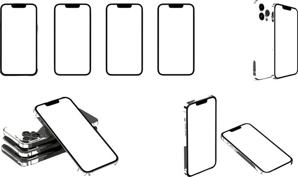 Smartphone vector mockup set showing multiple angles front view isometric stack and perspective layout with blank screens