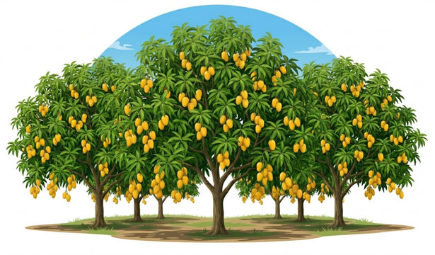 : Tropical mango orchard landscape with ripe mango trees and sunny blue sky