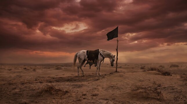 emotional Karbala background with Zuljanah horse standing alone in desert, black flag, red dramatic sky, cinematic realism, mourning atmosphere, ultra detailed, composition variation 6, clean backgrou