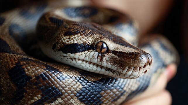 Close-up of a coiled snake with intricate scale patterns, revealing intense reptilian eye and textured skin in dramatic macro photography detail