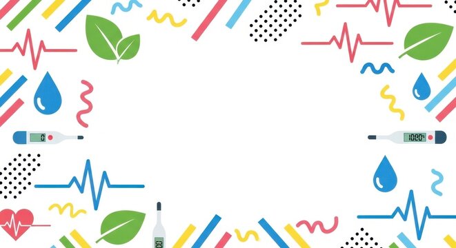 Healthy lifestyle background with digital thermometers heartbeat lines and green leaf icons.