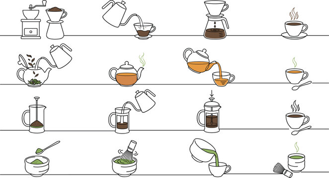 Step by step coffee tea and matcha brewing methods icon set featuring manual dripping french press pouring teapots and whisking preparation elements