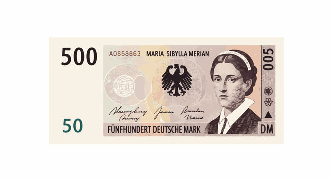 Vintage German 500 Deutsche Mark banknote featuring portrait of Maria Sibylla Merian