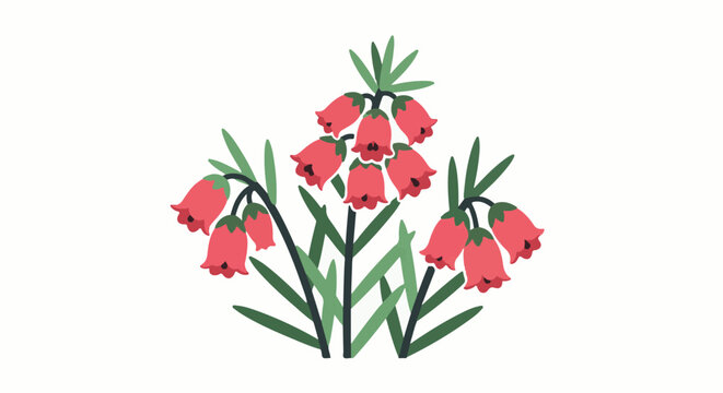 A cluster of pink bell-shaped flowers with green stems and leaves
