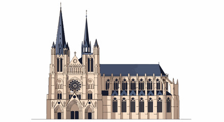 Obraz premium Ornate Gothic cathedral with twin spires and rose window, illustrated