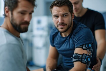 Fototapeta premium Rehabilitation engineer calibrating wearable motion sensors on patient in medical lab