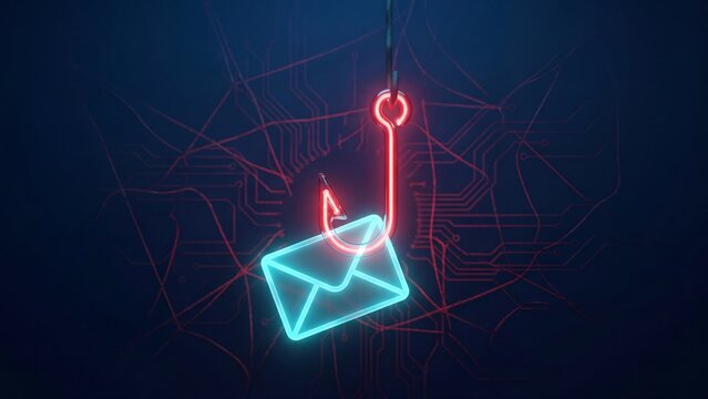 Phishing Email Cyber Attack Hook Envelope Digital Network Circuit Board Security Threat Concept 3D Illustration