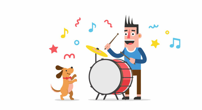 A joyful person plays drums while a happy dog dances along, surrounded by musical notes and confetti