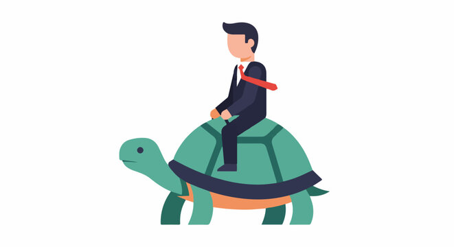 A person in a suit rides on the back of a slow-moving turtle