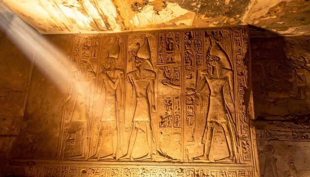Intricately carved Egyptian hieroglyphs depicting pharaohs and gods on ancient weathered temple walls