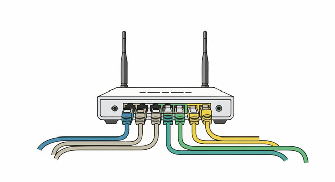 Network router with multiple ethernet cables connected to ports