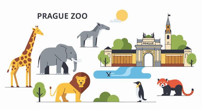 Diverse zoo animals and iconic Prague zoo entrance illustration