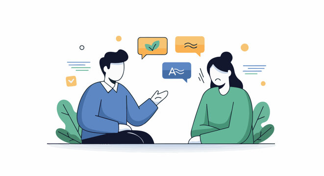 Two people conversing with thought bubbles showing communication