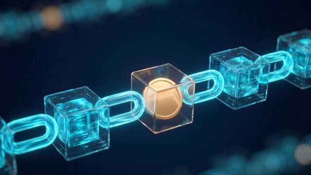 Blockchain Technology Crypto Currency Digital Coin Chain Block Transparent Cube Network Ledger 3D Illustration