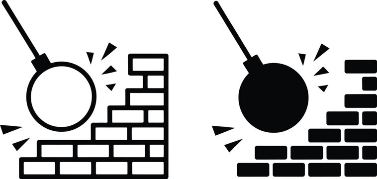 Demolition Icon Vector Collection Featuring Construction Breakdown and Wrecking Tools for Building Removal Designs Vector Designs