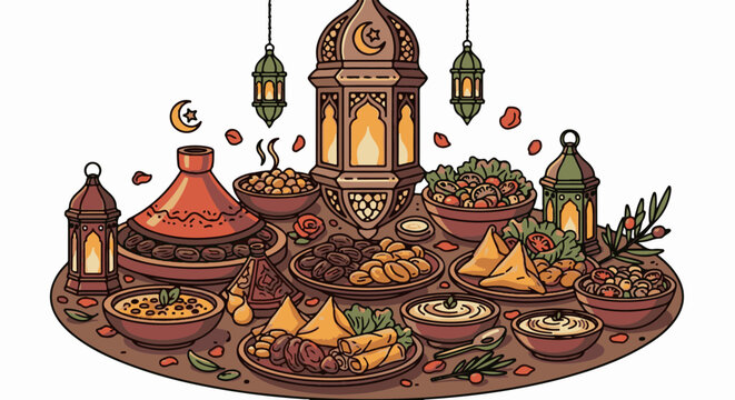 Elaborate spread of Moroccan food and lanterns for a festive occasion
