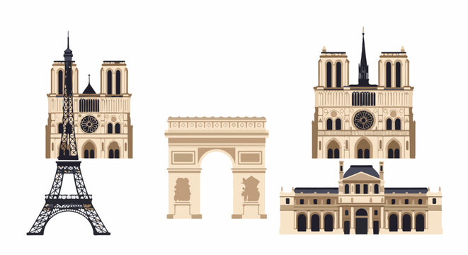 Iconic Parisian landmarks rendered in a simple, flat illustration style