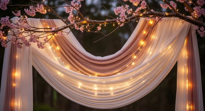 Wedding ceremony arch draped in white fabric and string lights with ceremony, romantic