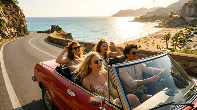 Beautiful beachside drive with friends celebrating carefree summer road trip together