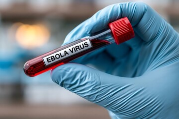 Obraz premium Gloved hand holding blood sample for ebola virus testing