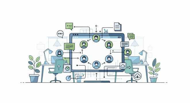 A collaborative workspace diagram visualizing team interaction and data flow