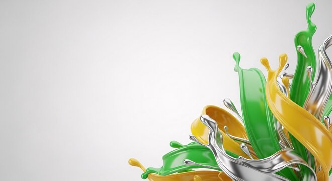 Vibrant green, yellow, and silver liquids splash upwards in a dynamic motion on a plain white surface with fluid movements.