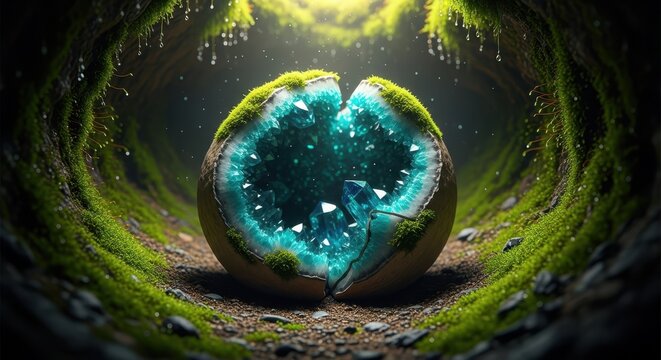 Glowing crystal geode inside moss covered cave with mystical gemstone enchanted