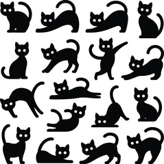 A collection of 15 black silhouette cat graphics in various playful poses and positions © Md Razu Ahmed