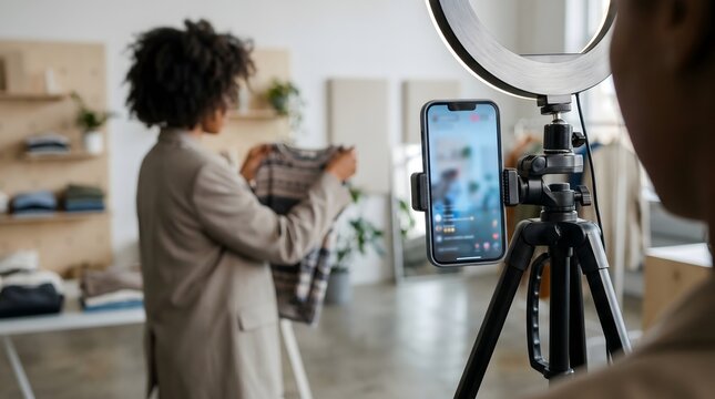Online sales stream on smartphone display with woman influencer presenting outfit inside bright fashion room studio