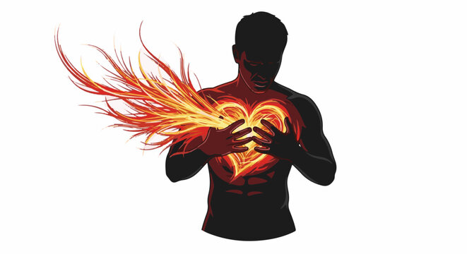 Man holds fiery heart bursting with flames