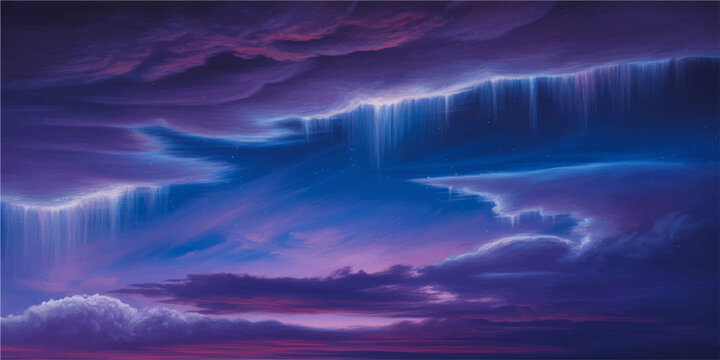 A stunning aurora borealis paints the night sky with ethereal green and blue hues, dancing above a dramatic cloudscape that hints at the sublime power of nature.
