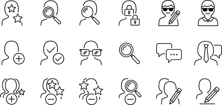 User profile action icon set illustration, identity verification search privacy communication symbols, account management concepts, social interaction, security features, outline flat vector
