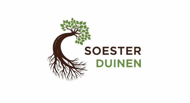 A stylized tree with visible roots and green leaves, next to text