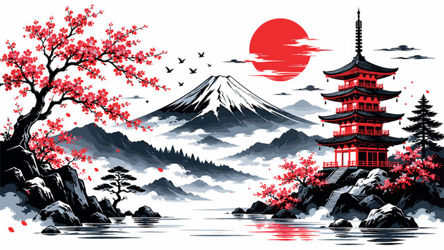 Stunning Japanese Vector Landscape Illustration with Mount Fuji Pagoda and Red Sakura Cherry Blossoms Under a Vibrant Red Sun Traditional Oriental Scenery for Art and Travel Background