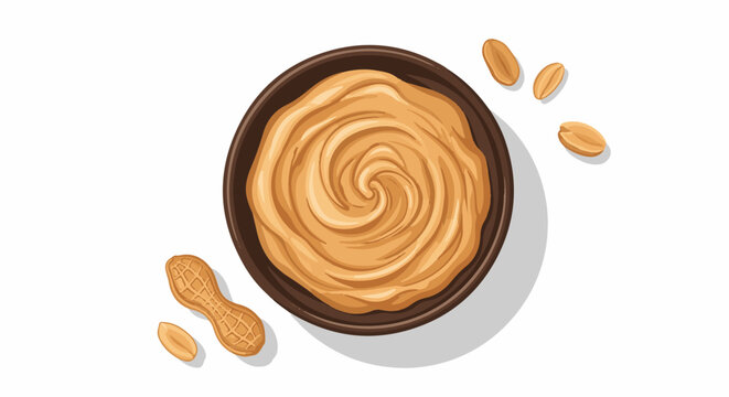 A bowl of creamy peanut butter with a swirled pattern and peanuts scattered around