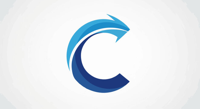 Abstract blue curved arrow symbol on textured white background