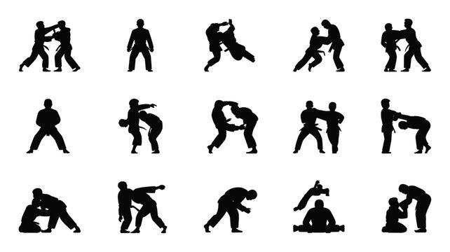 Set of 15 Judo silhouettes vector isolated on white background