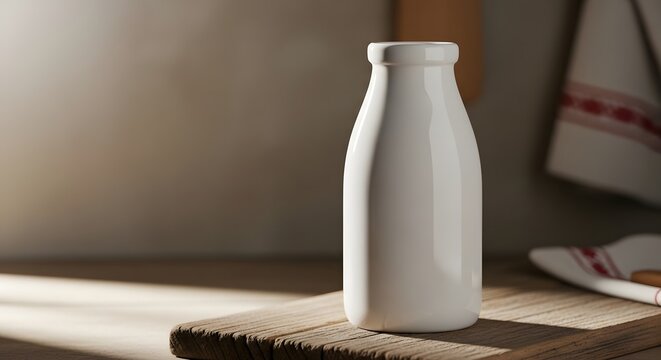 White ceramic milk bottle on wooden cutting board