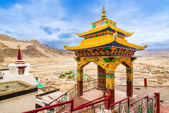 Prayer wheel pavilion of Spituk Monastery, Spituk Gompa or Pethup Gompa,Buddhist monastery in Spituk, Leh district, Ladakh, India. Surrounded by Himalayan mountains, pavilion overlooking Leh valley.