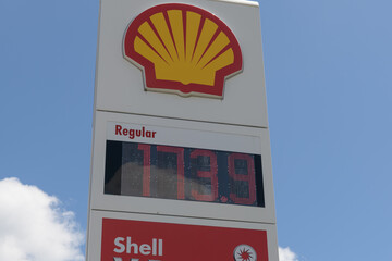 Fototapeta premium road side pylon sign at Shell gas station with price board at 577 Birchmount Rd, Scarborough, Toronto (southeast corner at St Clair Av E)