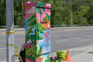 Fototapeta premium Traffic Signal Box or Traffic Signal Cabinet at the southeast corner of Birchmont Rd & St Clair Av E being decorated for StreetARToronto (StART) 