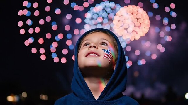 Young girl with American flag face paint watching fireworks display at night