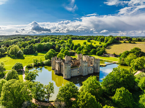 Bodiam Castle from a drone, Bodiam, Robertsbridge, East Sussex, England