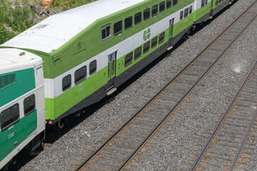 Obraz premium bird's eye view of Go Train running westbound at Metrolinx Lakeshore East Rail Corridor (Kingston Subdivision), Scarborough, Toronto