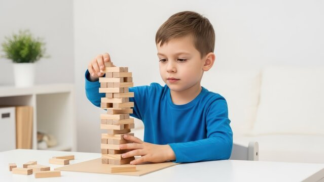 Child building tall tower with wooden blocks at home